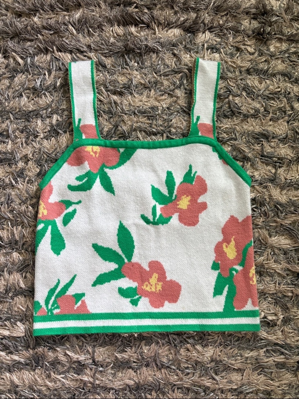 Floral Knit Cropped Tank with Green Trim and Coral Blooms